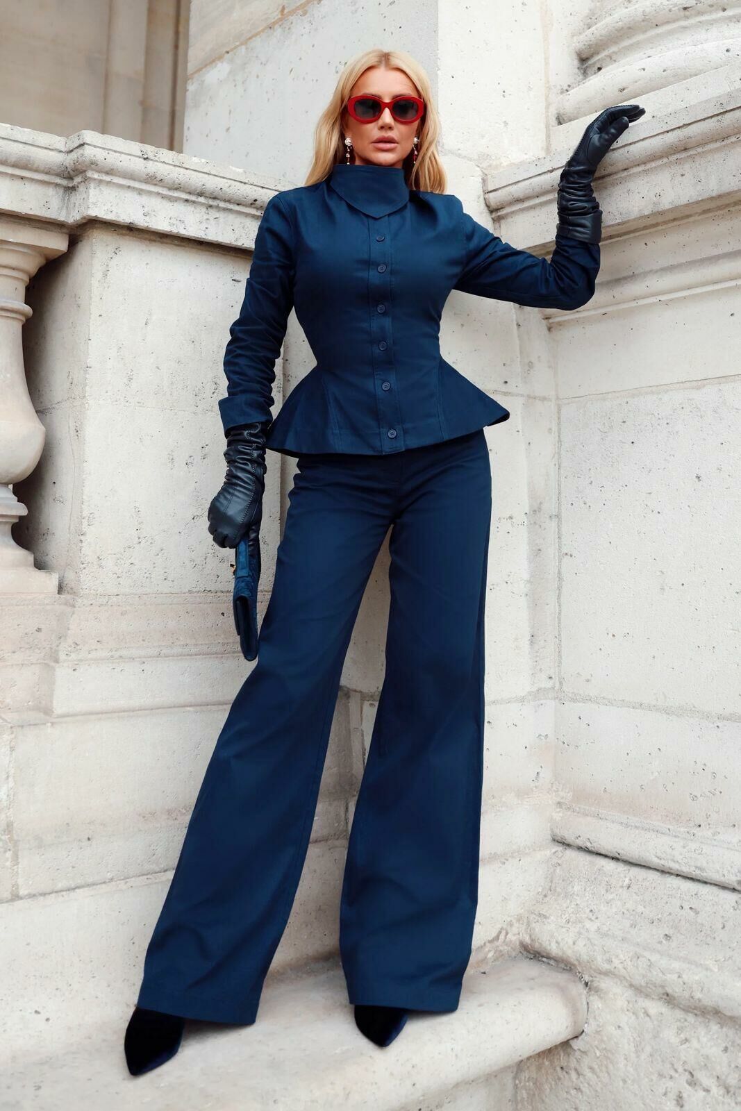 Imagem de Calça Pantalona Estruturada Bolso Costas Azul-Marinho Zen